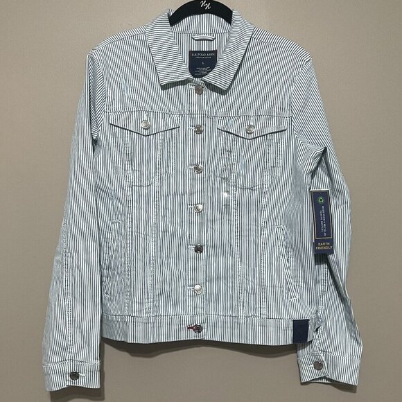 U.S. Polo Association Blue Striped Distressed Denim Jacket, Large, NWT - Picture 1 of 10